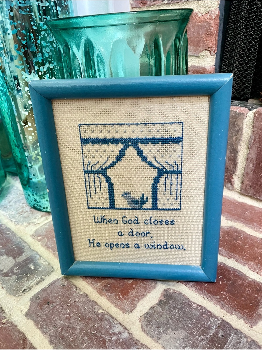 Vintage Framed Cross Stitch – “When God Closes a Door, He Opens a Window”